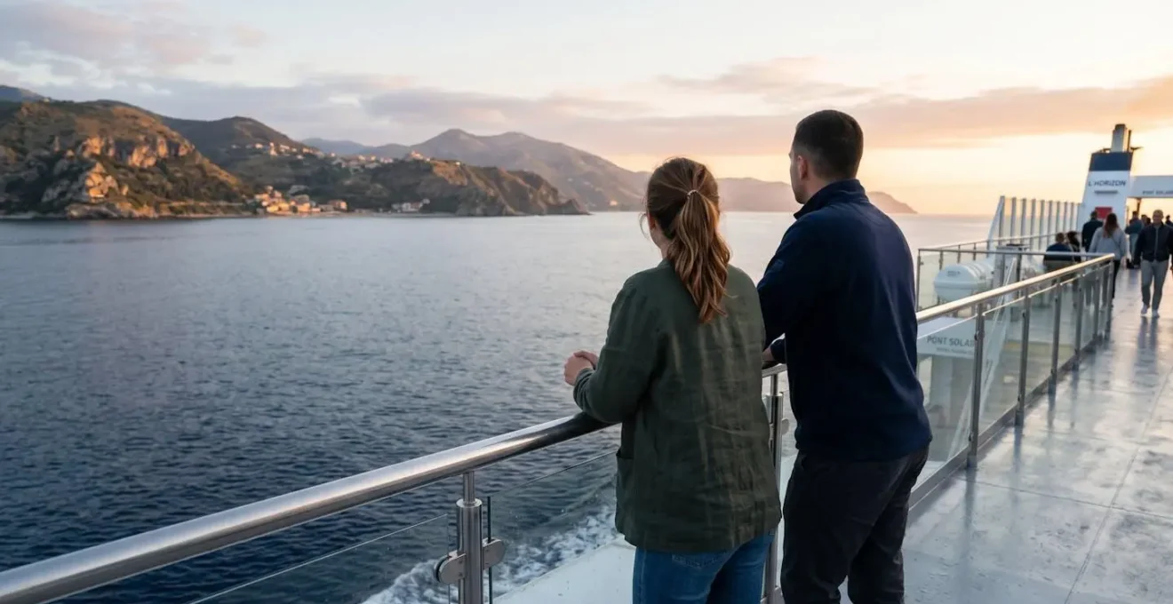 Un couple vu de dos accoudé au bastingage d'un ferry en mer Méditerranée contemple l'horizon au lever du soleil