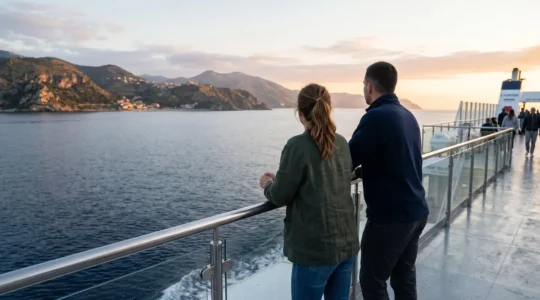 Un couple vu de dos accoudé au bastingage d'un ferry en mer Méditerranée contemple l'horizon au lever du soleil