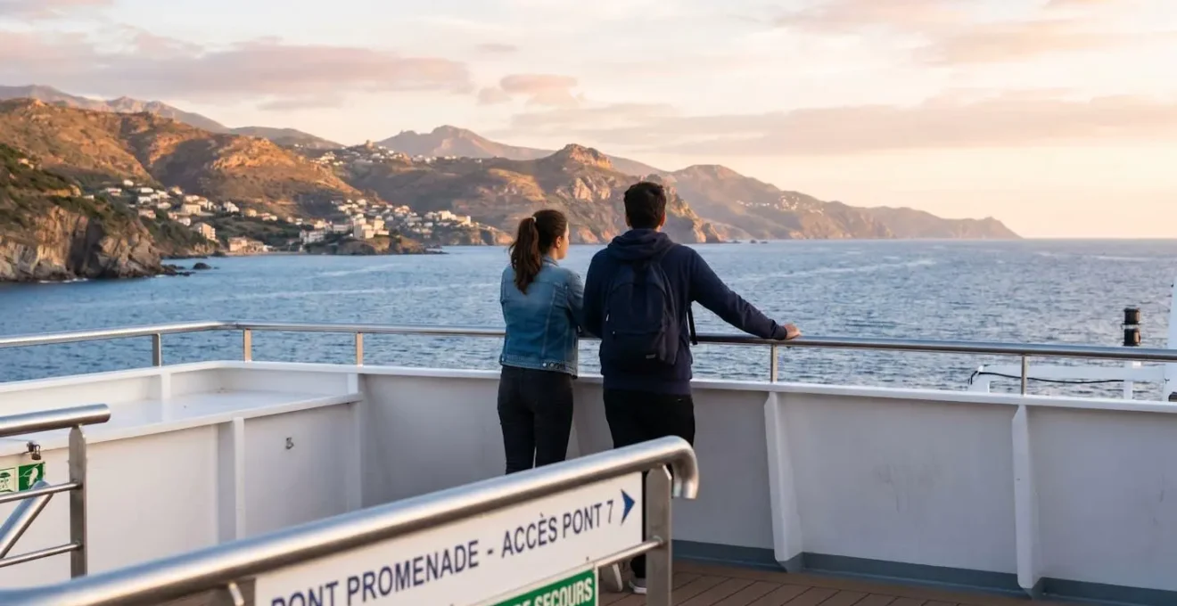 Un couple vu de dos accoudé au bastingage d'un ferry en mer Méditerranée contemple l'horizon au lever du soleil