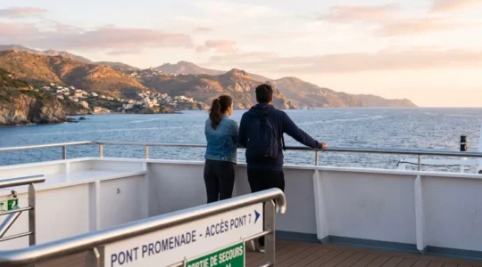 Un couple vu de dos accoudé au bastingage d'un ferry en mer Méditerranée contemple l'horizon au lever du soleil