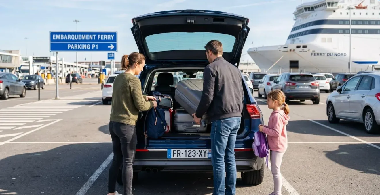 Vue arrière d'une famille chargeant des bagages dans le coffre d'une voiture moderne sur un parking de port, lumière naturelle du matin, scène authentique de préparation au voyage