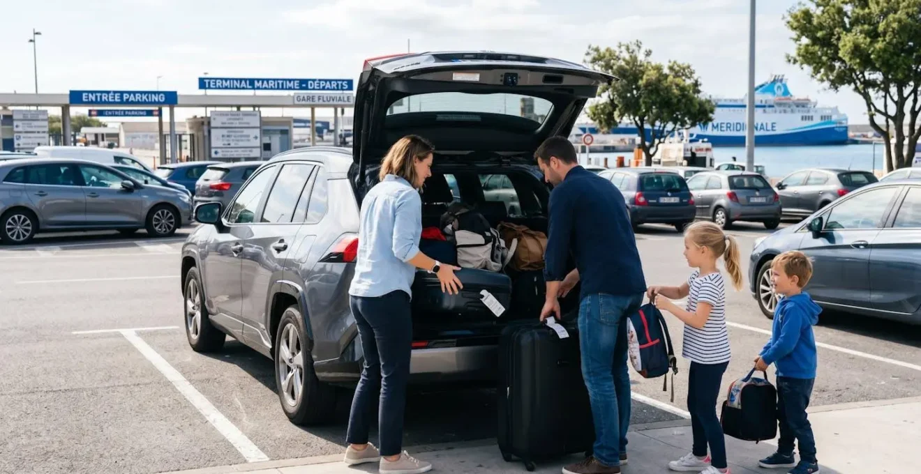 Vue arrière d'une famille chargeant des bagages dans le coffre d'une voiture moderne sur un parking de port, lumière naturelle du matin, scène authentique de préparation au voyage