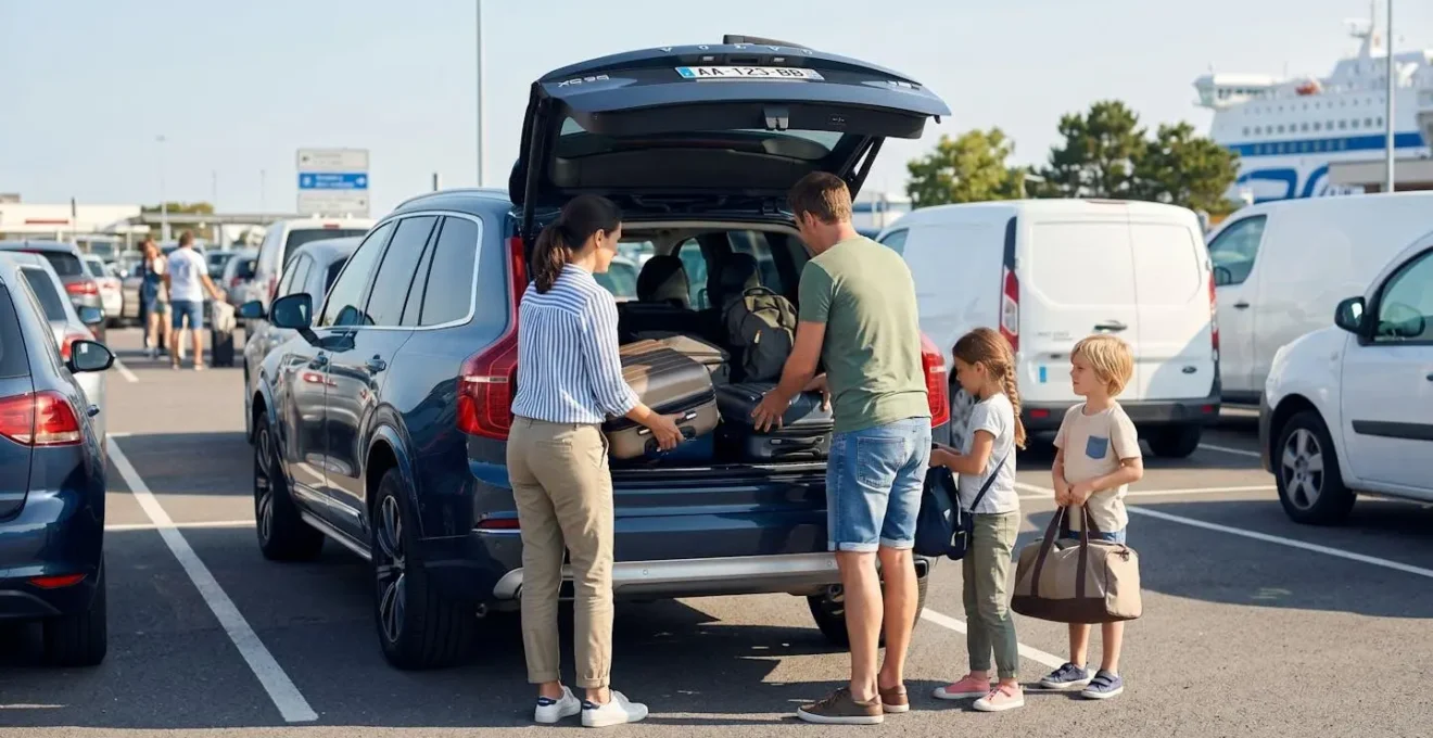 Vue arrière d'une famille chargeant des bagages dans le coffre d'une voiture moderne sur un parking de port, lumière naturelle du matin, scène authentique de préparation au voyage