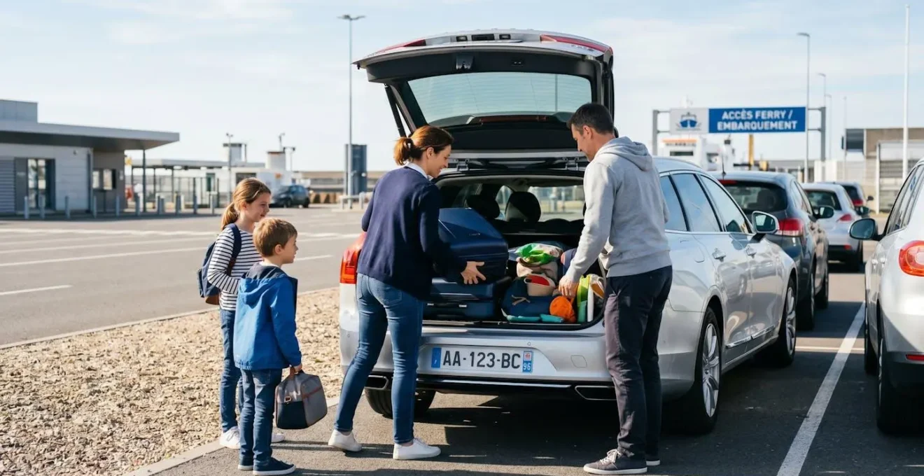 Vue arrière d'une famille chargeant des bagages dans le coffre d'une voiture moderne sur un parking de port, lumière naturelle du matin, scène authentique de préparation au voyage