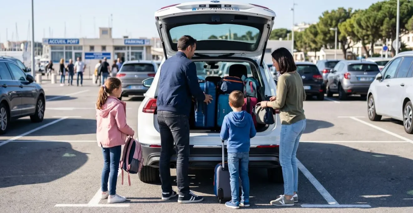 Vue arrière d'une famille chargeant des bagages dans le coffre d'une voiture moderne sur un parking de port, lumière naturelle du matin, scène authentique de préparation au voyage