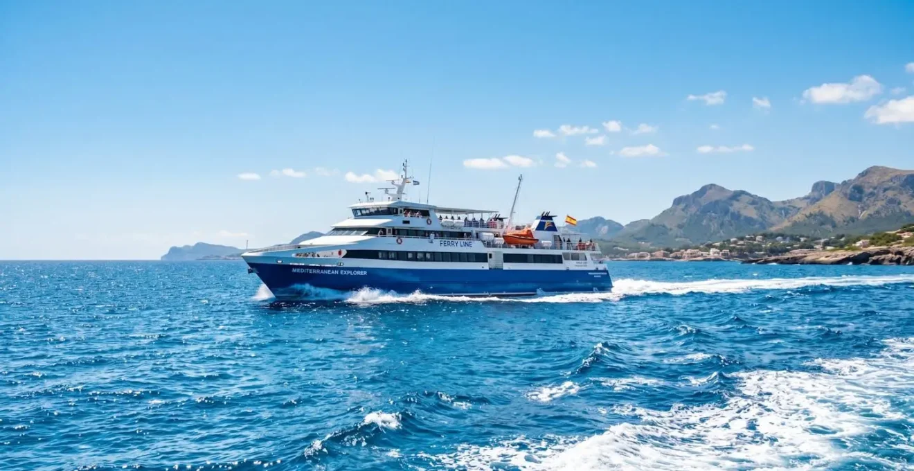 Un ferry moderne naviguant sur la mer Méditerranée sous un ciel bleu éclatant, vu depuis le pont supérieur avec une ambiance estivale lumineuse