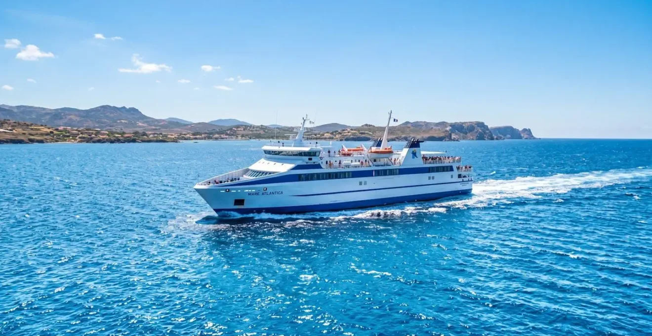 Un ferry moderne naviguant sur la mer Méditerranée sous un ciel bleu éclatant, vu depuis le pont supérieur avec une ambiance estivale lumineuse