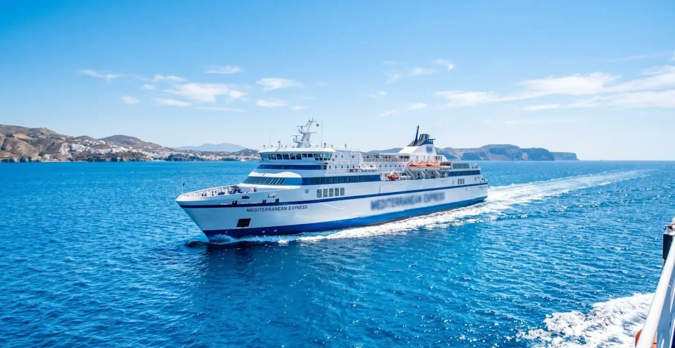 Un ferry moderne naviguant sur la mer Méditerranée sous un ciel bleu éclatant, vu depuis le pont supérieur avec une ambiance estivale lumineuse