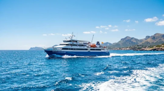 Un ferry moderne naviguant sur la mer Méditerranée sous un ciel bleu éclatant, vu depuis le pont supérieur avec une ambiance estivale lumineuse