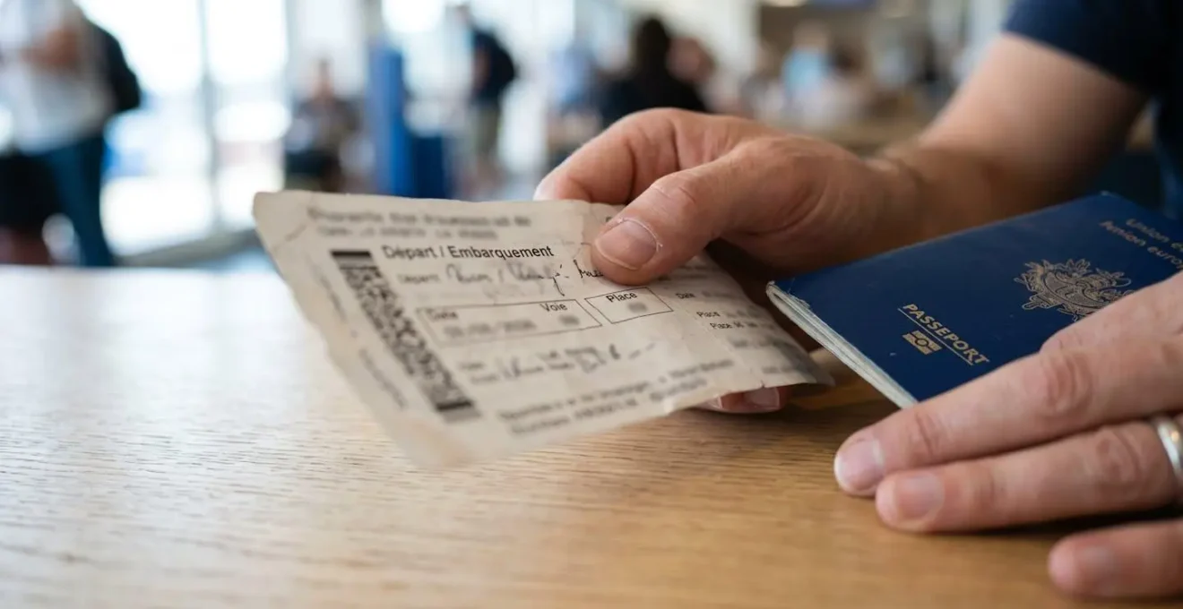 Gros plan sur des mains tenant un billet de ferry avec tampon d'embarquement visible mais flouté, posé sur une table en bois moderne à côté d'un passeport