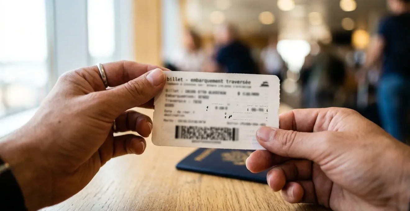 Gros plan sur des mains tenant un billet de ferry avec tampon d'embarquement visible mais flouté, posé sur une table en bois moderne à côté d'un passeport