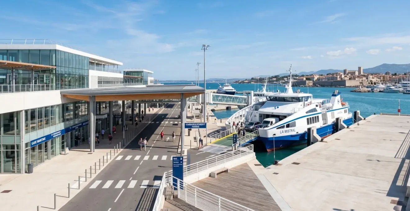 Vue large d'un port moderne méditerranéen montrant le quai d'embarquement des ferries avec infrastructures portuaires contemporaines sous un ciel bleu