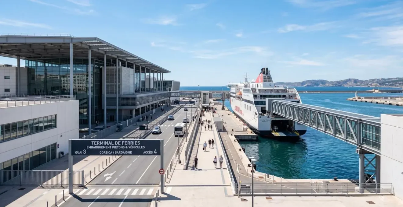 Vue large d'un port moderne méditerranéen montrant le quai d'embarquement des ferries avec infrastructures portuaires contemporaines sous un ciel bleu