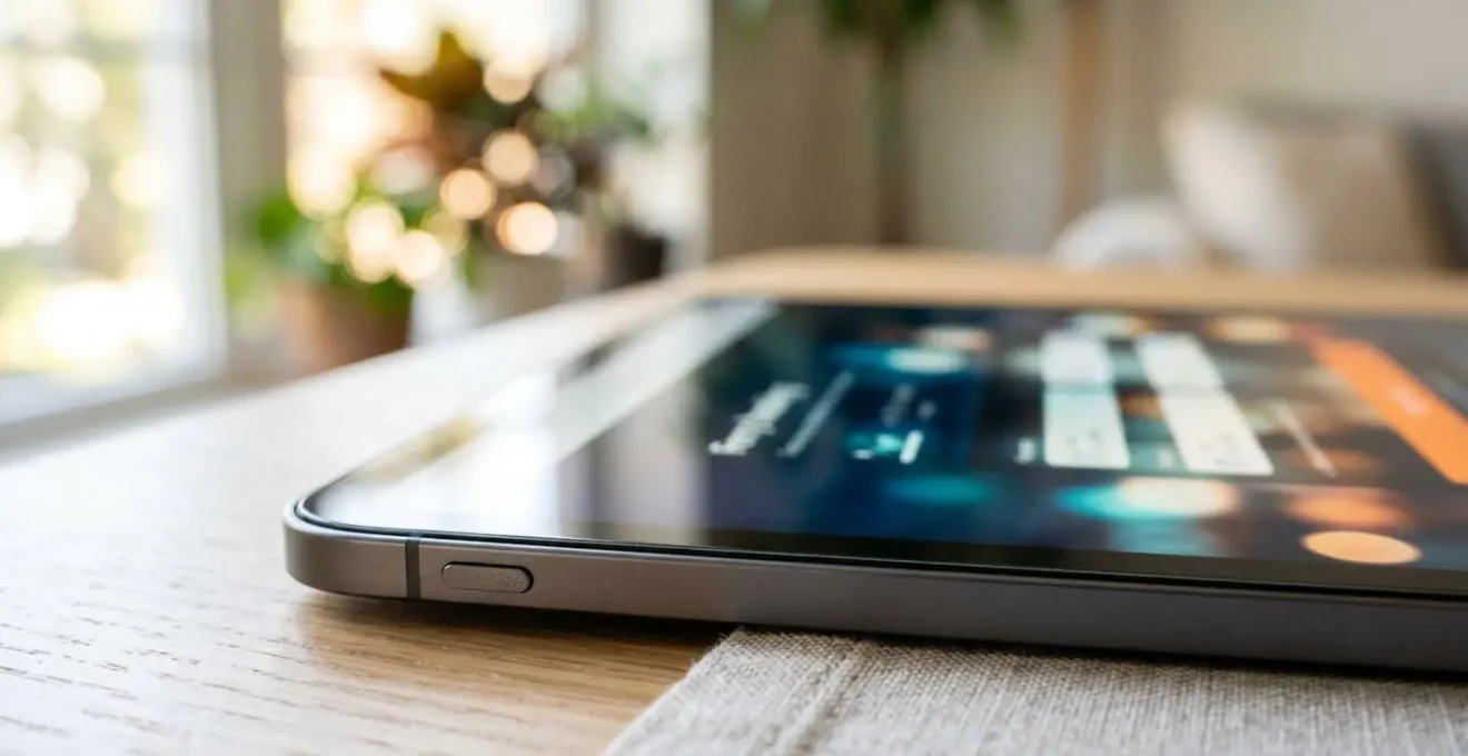 Gros plan macro sur une tablette affichant une interface de réservation de ferry avec des éléments visuels modernes, posée sur un bureau contemporain, éclairage naturel latéral