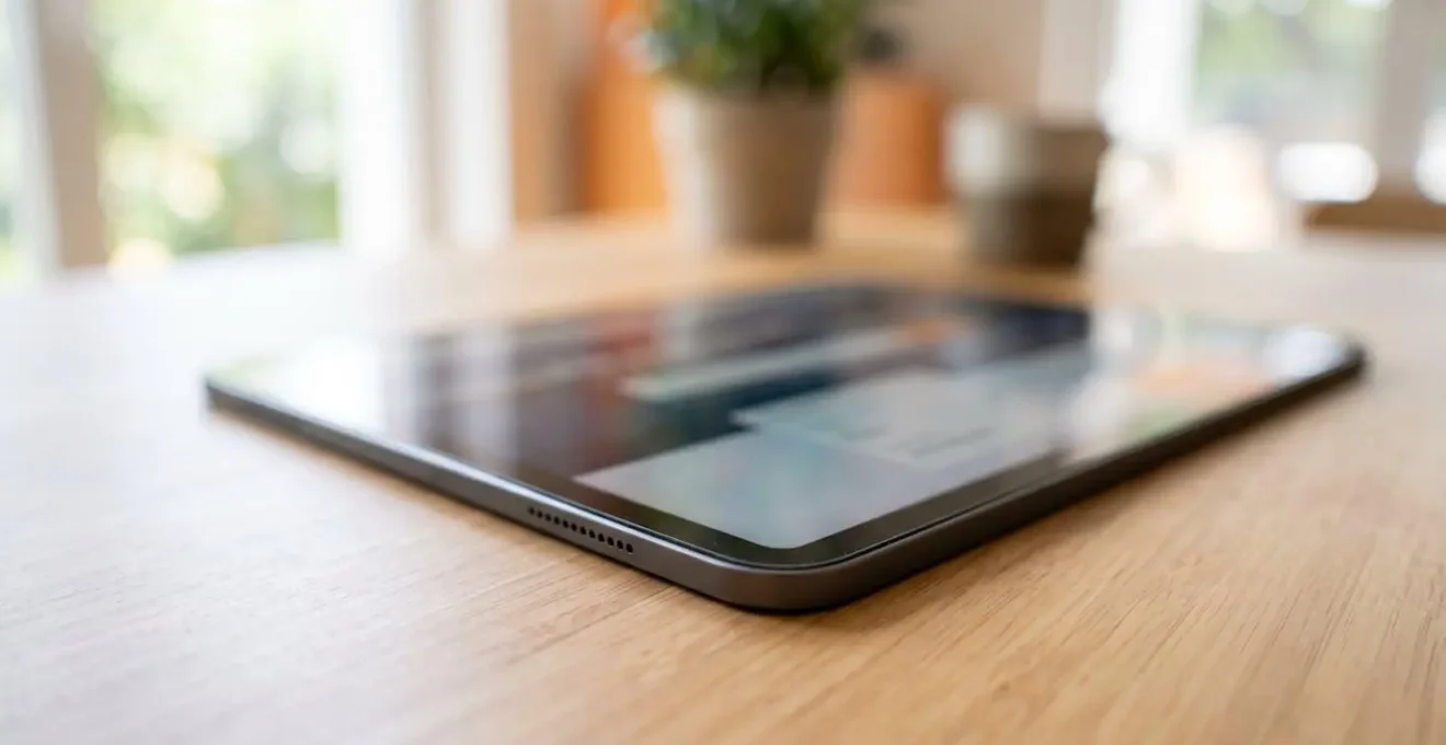 Gros plan macro sur une tablette affichant une interface de réservation de ferry avec des éléments visuels modernes, posée sur un bureau contemporain, éclairage naturel latéral