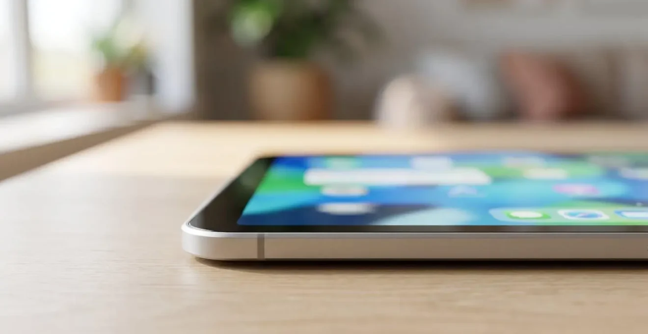 Gros plan macro sur une tablette affichant une interface de réservation de ferry avec des éléments visuels modernes, posée sur un bureau contemporain, éclairage naturel latéral