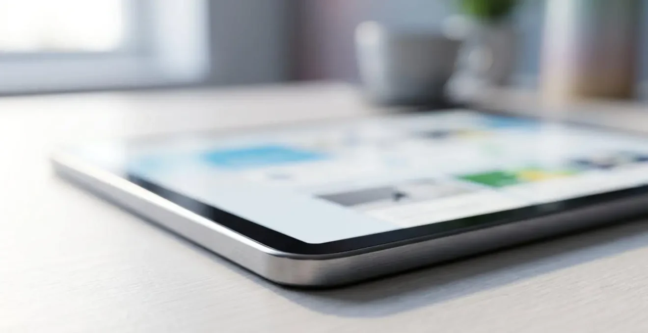 Gros plan macro sur une tablette affichant une interface de réservation de ferry avec des éléments visuels modernes, posée sur un bureau contemporain, éclairage naturel latéral