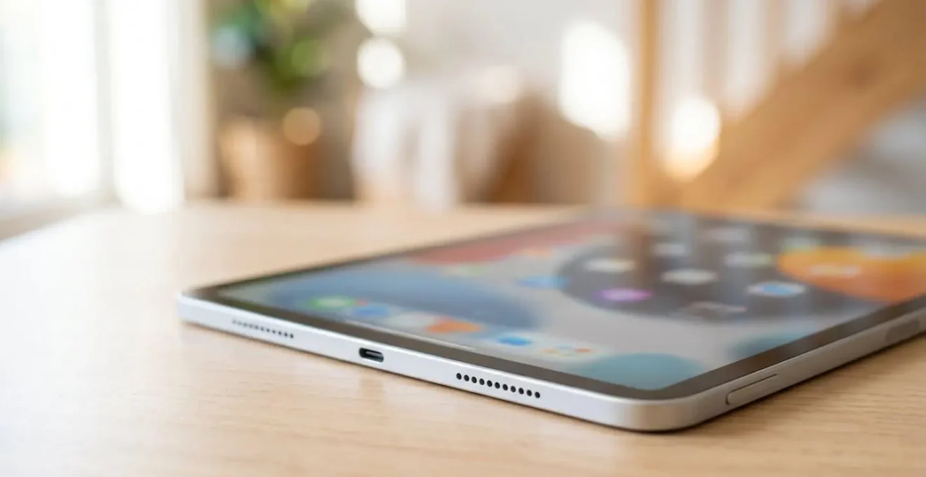 Gros plan macro sur une tablette affichant une interface de réservation de ferry avec des éléments visuels modernes, posée sur un bureau contemporain, éclairage naturel latéral